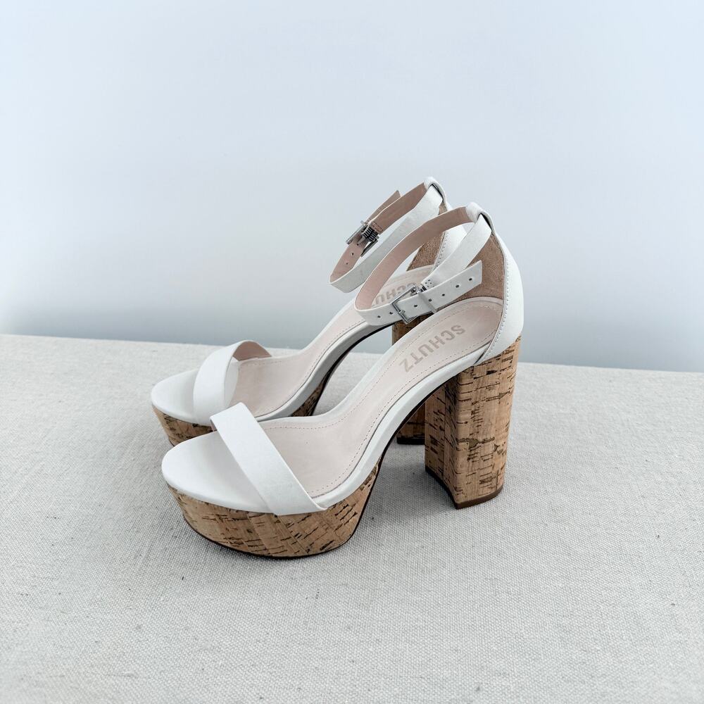 NWOT Schutz Leather Cork Ankle Strap Platform Sandals White Women's Size 5.5